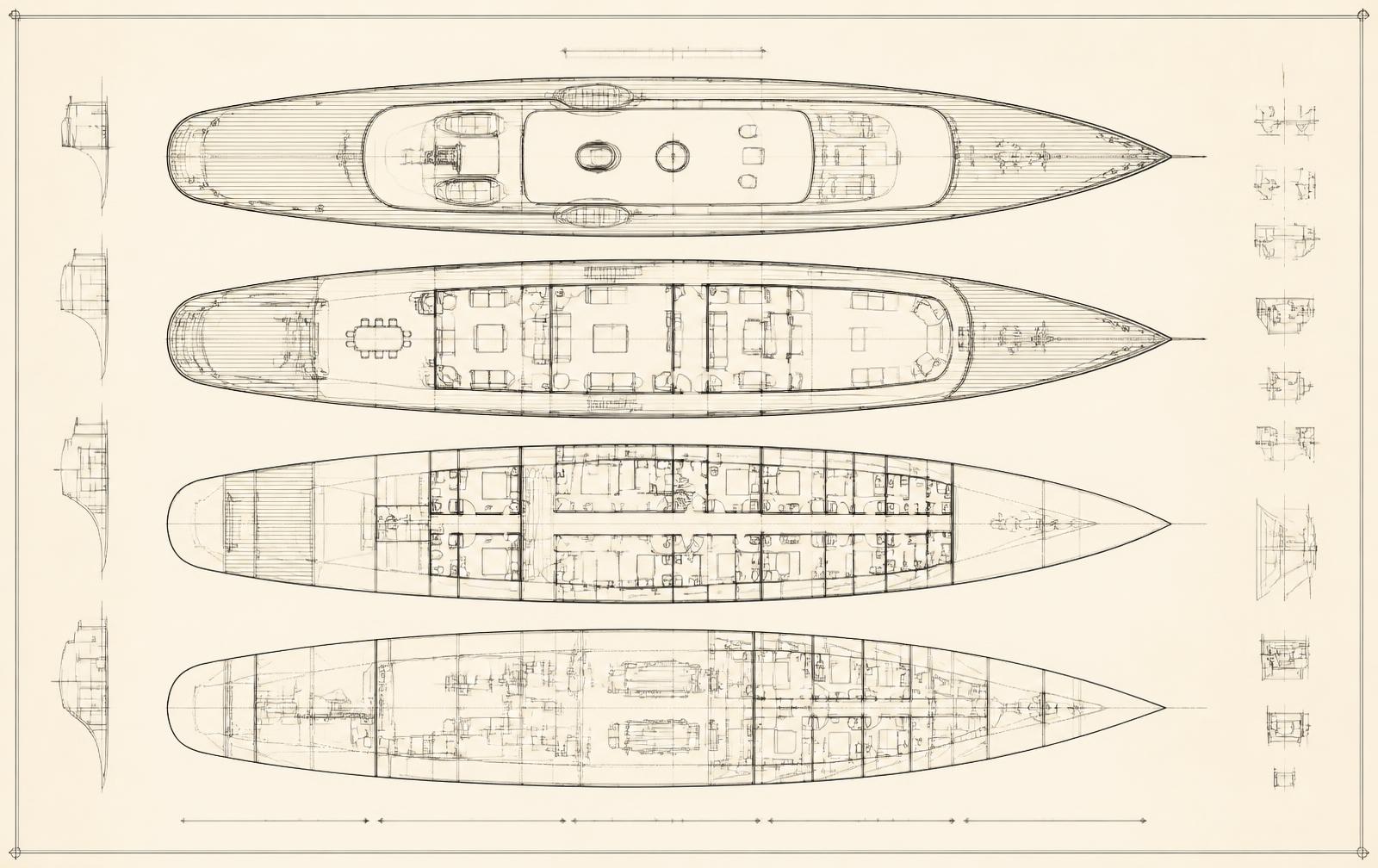 Deck plan of Christina O showing the arrangement of guest, service and crew areas across her decks