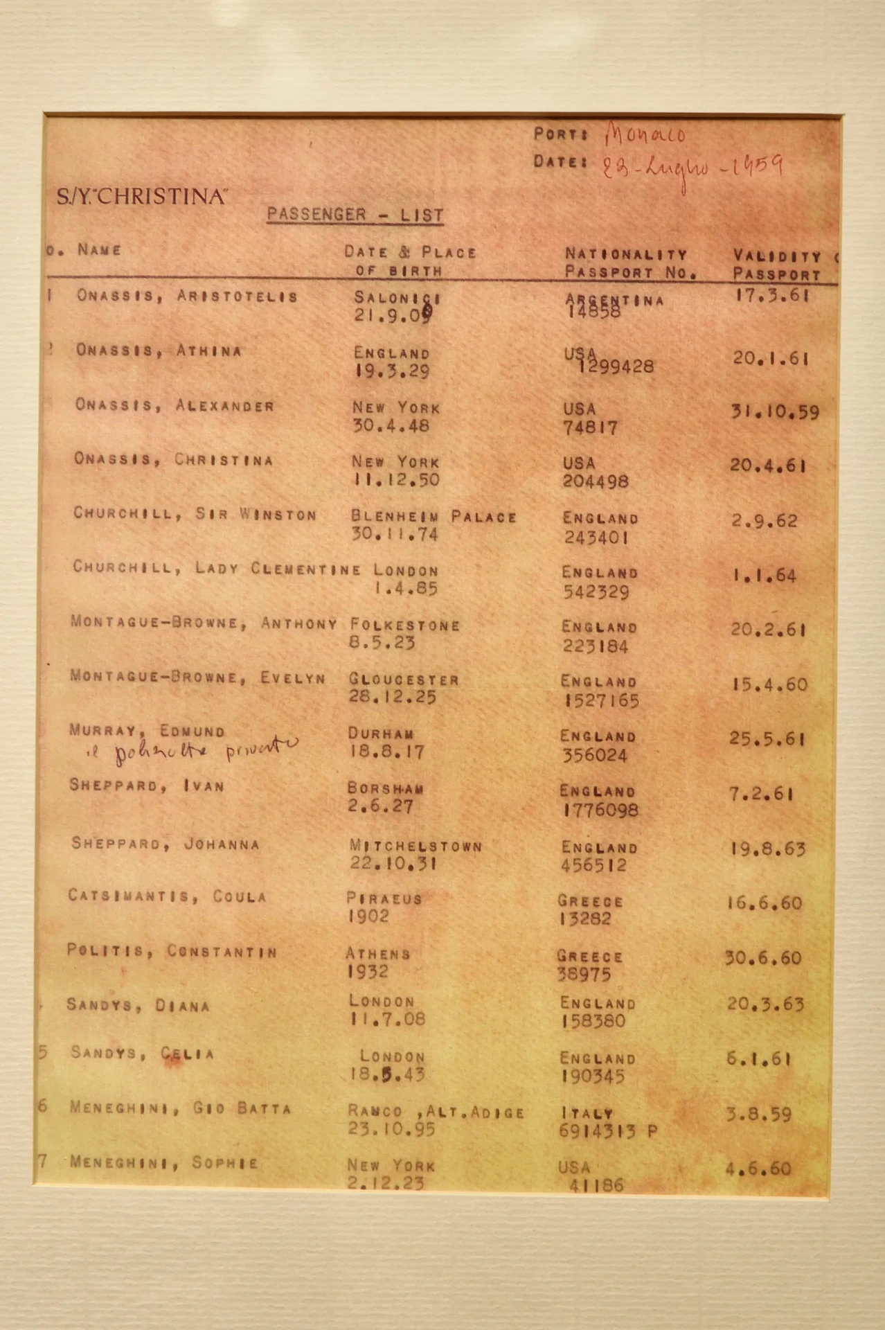 Framed typed passenger list of S/Y Christina, headed Port Monaco and dated July 1959, listing guest names in a single column