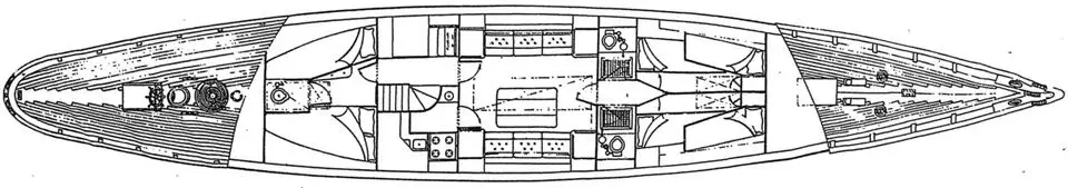 Line-drawing general arrangement plan of Rona showing the accommodation layout in plan view